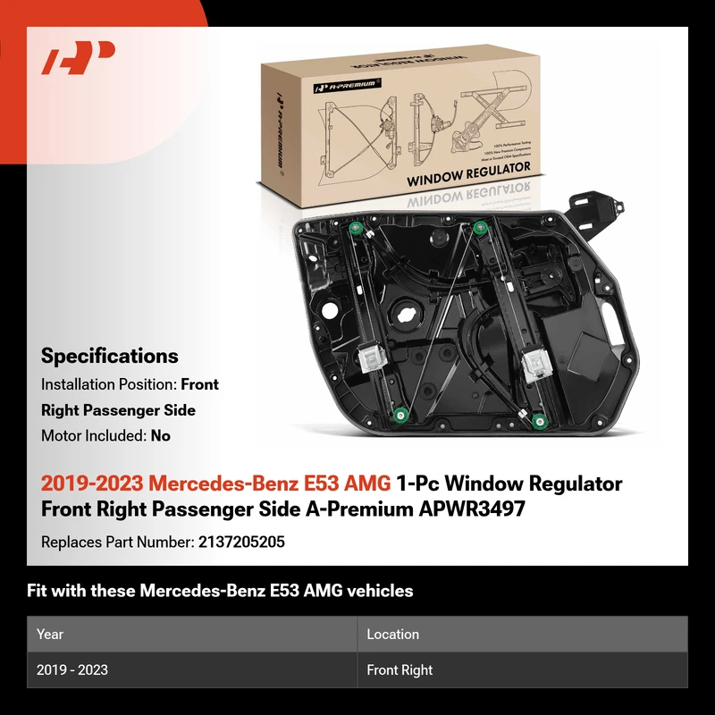 2019-2023 Mercedes-Benz E53 AMG 1-Pc Window Regulator Front Right Passenger Side A-Premium APWR3497