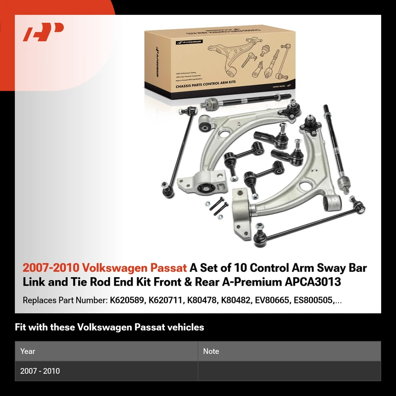 2007-2010 Volkswagen Passat A Set of 10 Control Arm Sway Bar Link and Tie Rod End Kit Front & Rear A-Premium APCA3013