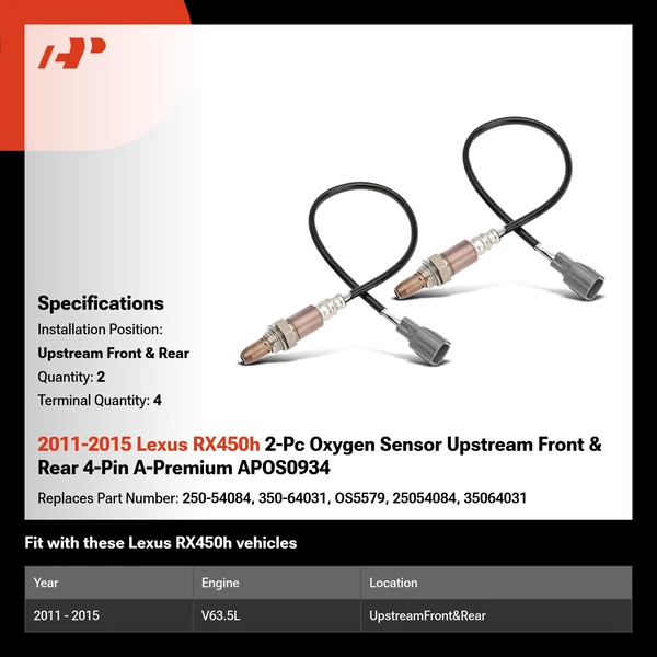 2011-2015 Lexus RX450h 2-Pc Oxygen Sensor Upstream Front & Rear 4-Pin A-Premium APOS0934
