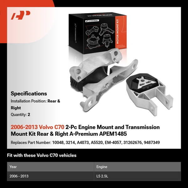 2006-2013 Volvo C70 2-Pc Engine Mount and Transmission Mount Kit Rear & Right A-Premium APEM1485