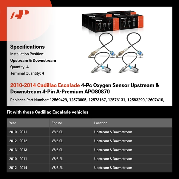 2010-2014 Cadillac Escalade 4-Pc Oxygen Sensor Upstream & Downstream 4-Pin A-Premium APOS0870