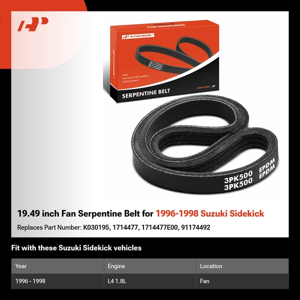 19.49 inch Fan Serpentine Belt for 1996-1998 Suzuki Sidekick
