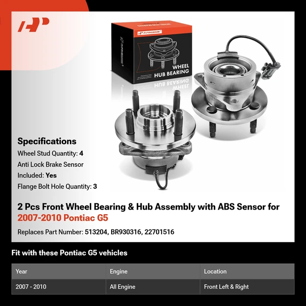 2 Pcs Front Wheel Bearing & Hub Assembly with ABS Sensor for 2007-2010 Pontiac G5