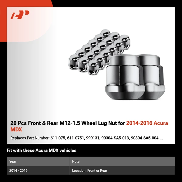 20 Pcs Front & Rear M12-1.5 Wheel Lug Nut for 2014-2016 Acura MDX