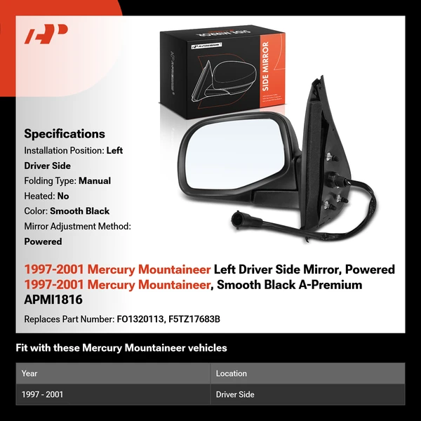1997-2001 Mercury Mountaineer Left Driver Side Mirror, Powered, Smooth Black A-Premium APMI1816