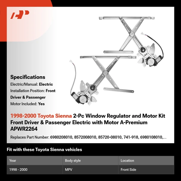 1998-2000 Toyota Sienna 2-Pc Window Regulator and Motor Kit Front Driver & Passenger Electric with Motor A-Premium APWR2264