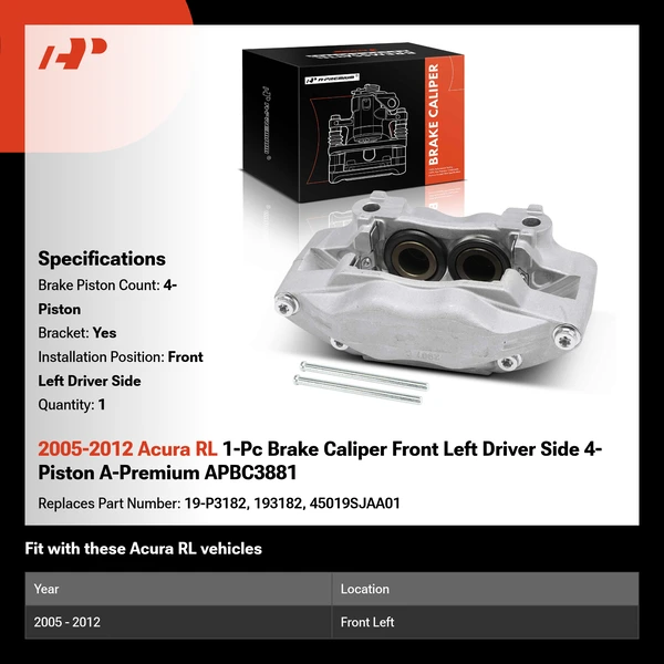 2005-2012 Acura RL 1-Pc Brake Caliper Front Left Driver Side 4-Piston A-Premium APBC3881