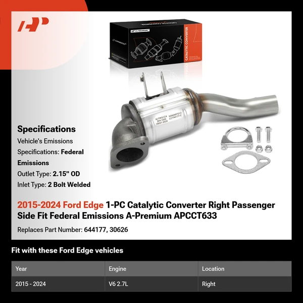 2015-2024 Ford Edge 1-PC Catalytic Converter Right Passenger Side Fit Federal Emissions A-Premium APCCT633