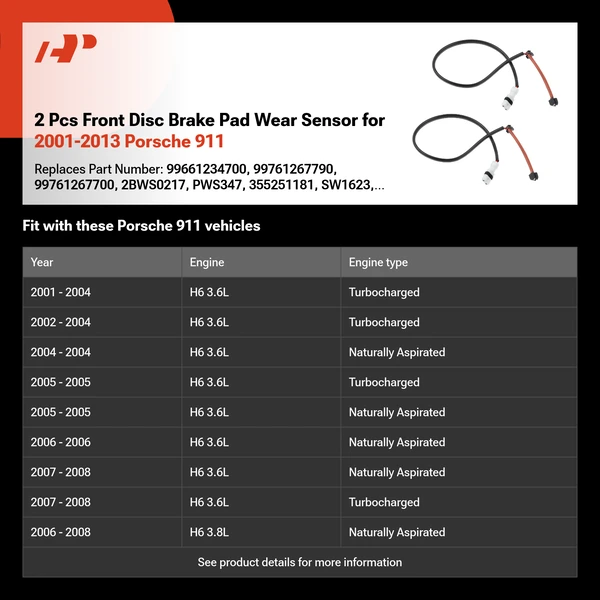 2 Pcs Front Disc Brake Pad Wear Sensor for 2001-2013 Porsche 911