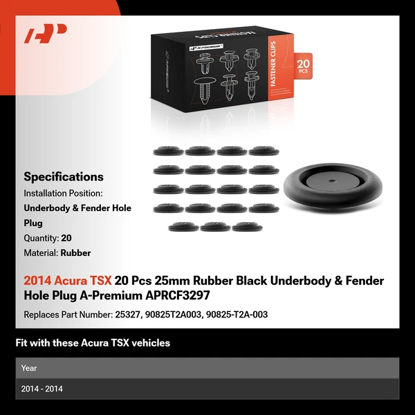 2014 Acura TSX 20 Pcs 25mm Rubber Black Underbody & Fender Hole Plug A-Premium APRCF3297