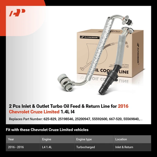 2 Pcs Inlet & Outlet Turbo Oil Feed & Return Line for 2016 Chevrolet Cruze Limited 1.4L l4
