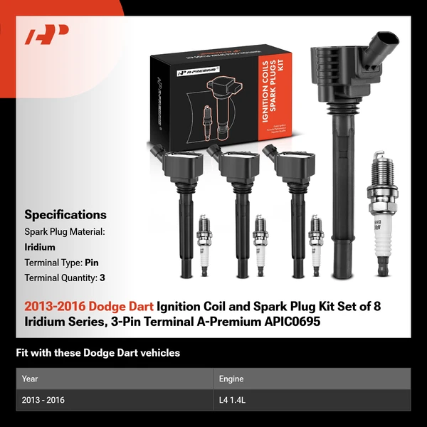 2013-2016 Dodge Dart Ignition Coil and Spark Plug Kit Set of 8 Iridium Series, 3-Pin Terminal A-Premium APIC0695