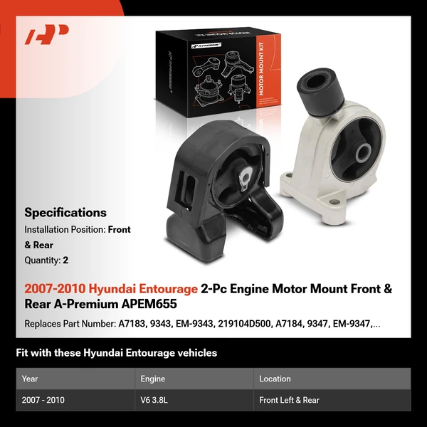 2007-2010 Hyundai Entourage 2-Pc Engine Motor Mount Front & Rear A-Premium APEM655