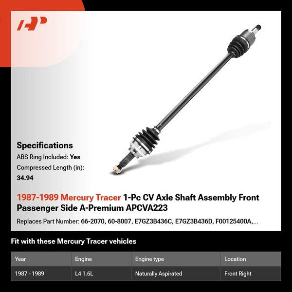 1987-1989 Mercury Tracer 1-Pc CV Axle Shaft Assembly Front Passenger Side A-Premium APCVA223