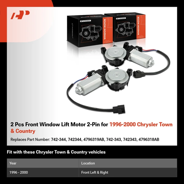 2 Pcs Front Window Lift Motor 2-Pin for 1996-2000 Chrysler Town & Country