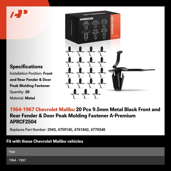 1964-1967 Chevrolet Malibu 20 Pcs 9.5mm Metal Black Front and Rear Fender & Door Peak Molding Fastener A-Premium APRCF2504