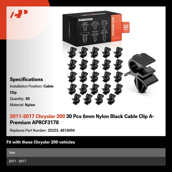 2011-2017 Chrysler 200 30 Pcs 6mm Nylon Black Cable Clip A-Premium APRCF3178