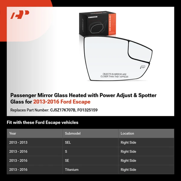 Passenger Mirror Glass Heated with Power Adjust & Spotter Glass for 2013-2016 Ford Escape