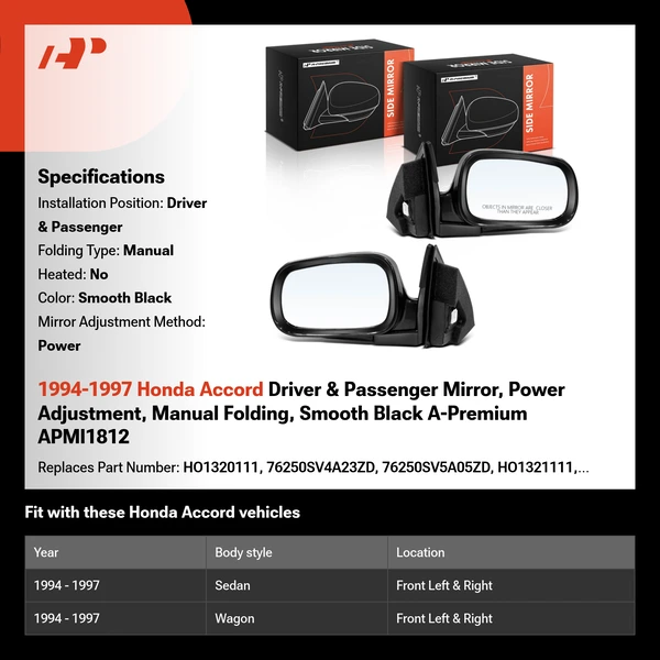 1994-1997 Honda Accord Driver & Passenger Mirror, Power Adjustment, Manual Folding, Smooth Black A-Premium APMI1812