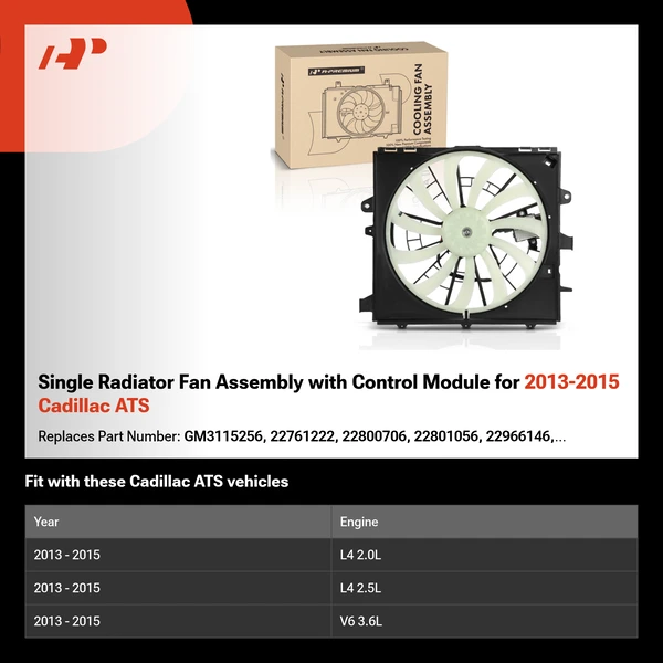 Single Radiator Fan Assembly with Control Module for 2013-2015 Cadillac ATS
