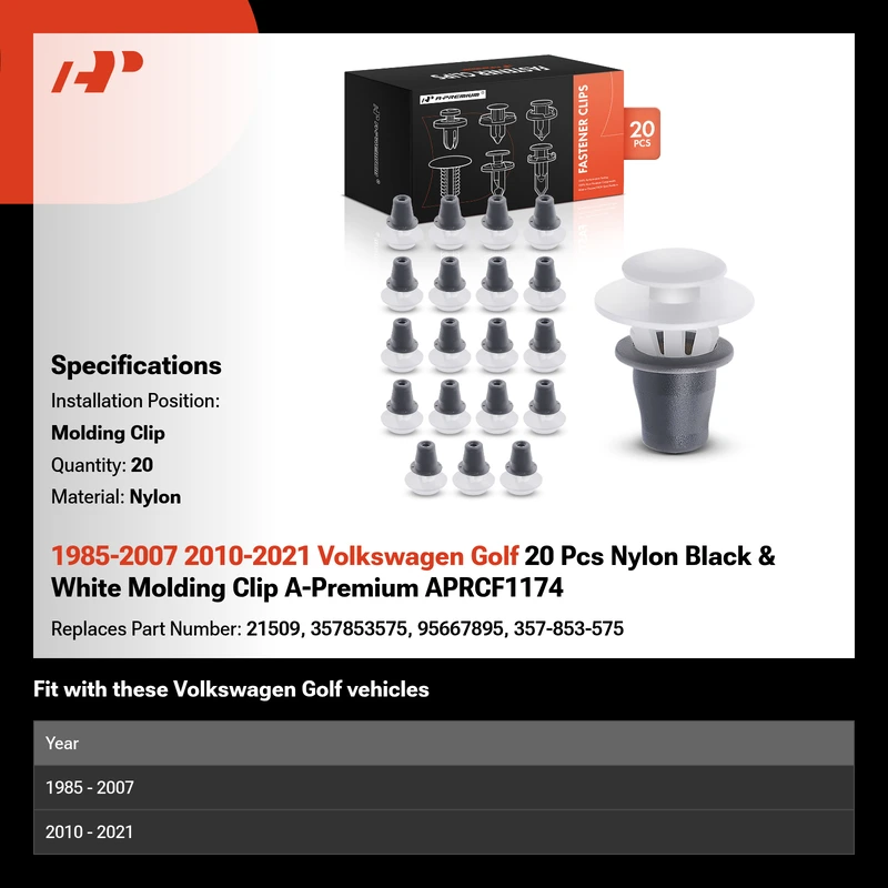 1985-2007 2010-2021 Volkswagen Golf 20 Pcs Nylon Black & White Molding Clip A-Premium APRCF1174