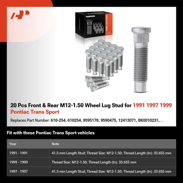 20 Pcs Front & Rear M12-1.50 Wheel Lug Stud for 1991 1997 1999 Pontiac Trans Sport