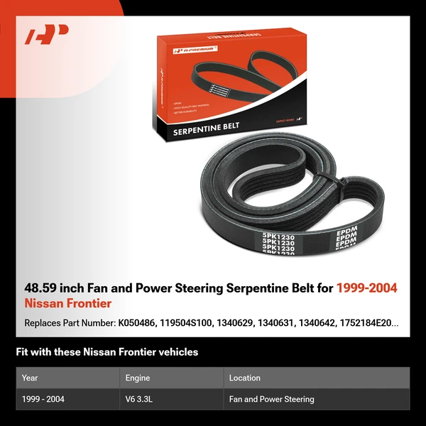 48.59 inch Fan and Power Steering Serpentine Belt for 1999-2004 Nissan Frontier