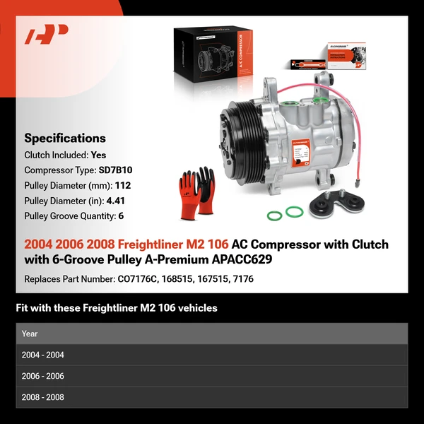 2004 2006 2008 Freightliner M2 106 AC Compressor with Clutch with 6-Groove Pulley A-Premium APACC629