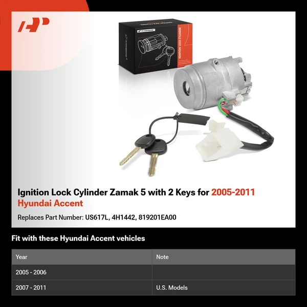 Ignition Lock Cylinder Zamak 5 with 2 Keys for 2005-2011 Hyundai Accent