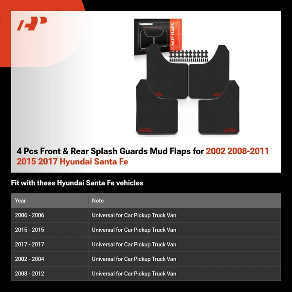 4 Pcs Front & Rear Splash Guards Mud Flaps for 2002 2008-2011 2015 2017 Hyundai Santa Fe