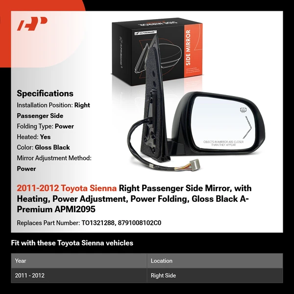 2011-2012 Toyota Sienna Right Passenger Side Mirror, with Heating, Power Adjustment, Power Folding, Gloss Black A-Premium APMI2095
