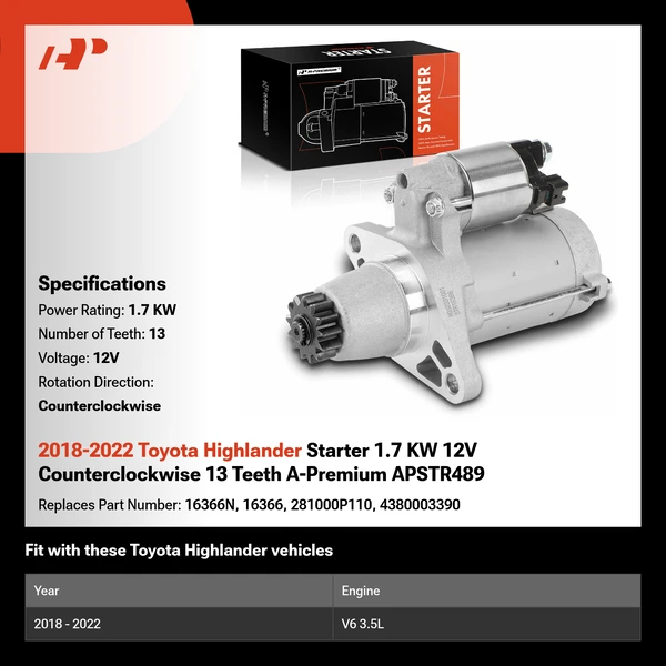 2018-2022 Toyota Highlander Starter 1.7 KW 12V Counterclockwise 13 Teeth A-Premium APSTR489