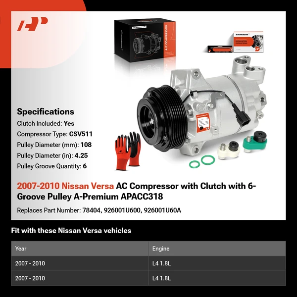 2007-2010 Nissan Versa AC Compressor with Clutch with 6-Groove Pulley A-Premium APACC318