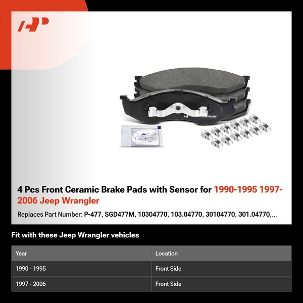 4 Pcs Front Ceramic Brake Pads with Sensor for 1990-1995 1997-2006 Jeep Wrangler