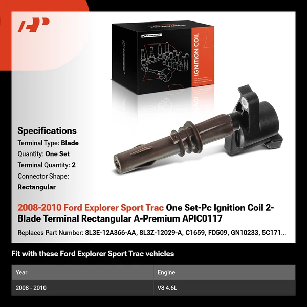 2008-2010 Ford Explorer Sport Trac One Set-Pc Ignition Coil 2-Blade Terminal Rectangular A-Premium APIC0117