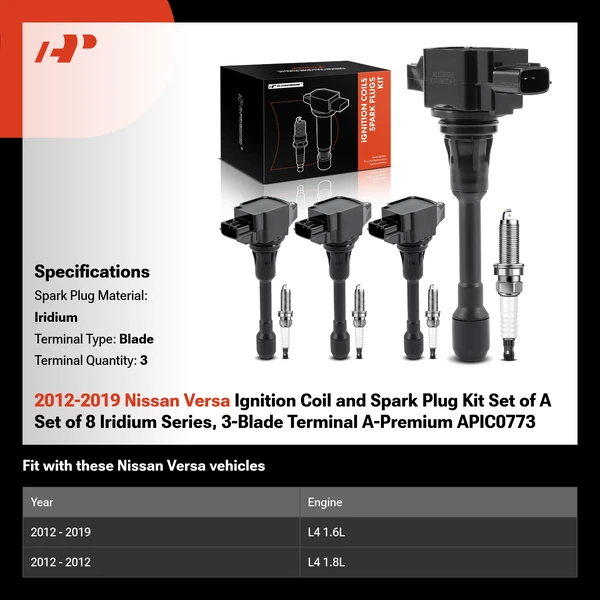 2012-2019 Nissan Versa Ignition Coil and Spark Plug Kit Set of A Set of 8 Iridium Series, 3-Blade Terminal A-Premium APIC0773