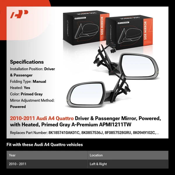 2010-2011 Audi A4 Quattro Driver & Passenger Mirror, Powered, with Heated, Primed Gray A-Premium APMI1211TW