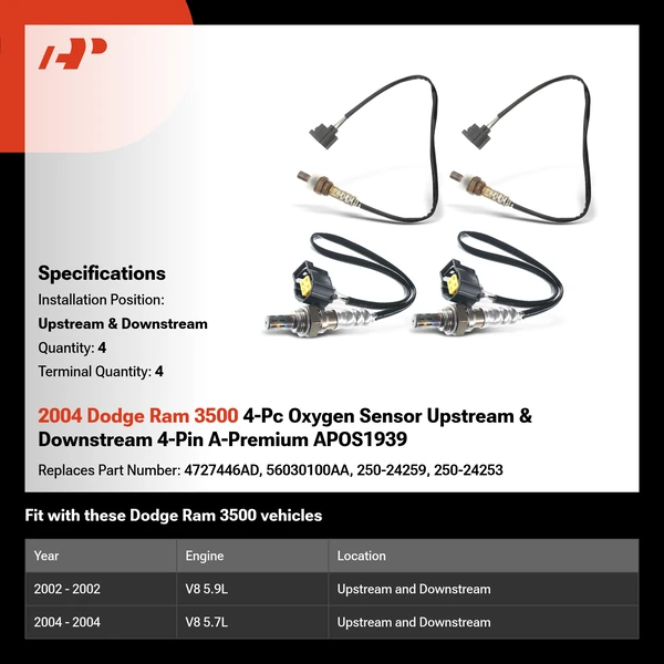2004 Dodge Ram 3500 4-Pc Oxygen Sensor Upstream & Downstream 4-Pin A-Premium APOS1939