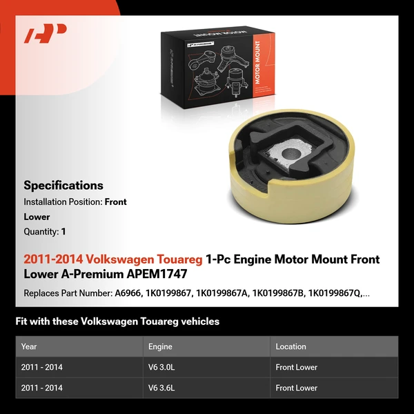 2011-2014 Volkswagen Touareg 1-Pc Engine Motor Mount Front Lower A-Premium APEM1747