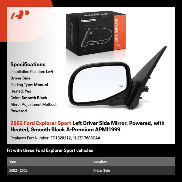 2002 Ford Explorer Sport Left Driver Side Mirror, Powered, with Heated, Smooth Black A-Premium APMI1999