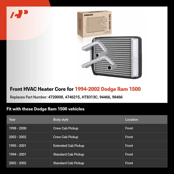 Front HVAC Heater Core for 1994-2002 Dodge Ram 1500