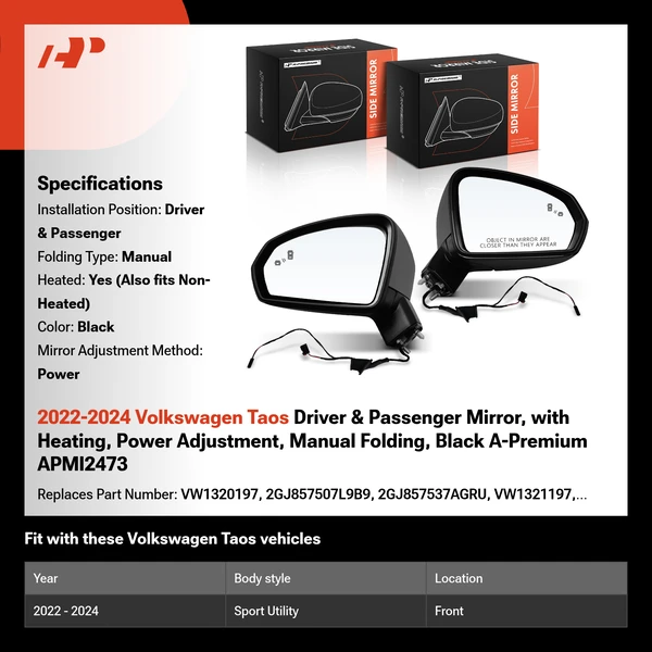 2022-2024 Volkswagen Taos Driver & Passenger Mirror, with Heating, Power Adjustment, Manual Folding, Black A-Premium APMI2473