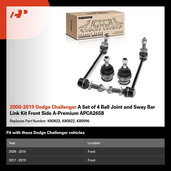2008-2019 Dodge Challenger A Set of 4 Ball Joint and Sway Bar Link Kit Front Side A-Premium APCA2658