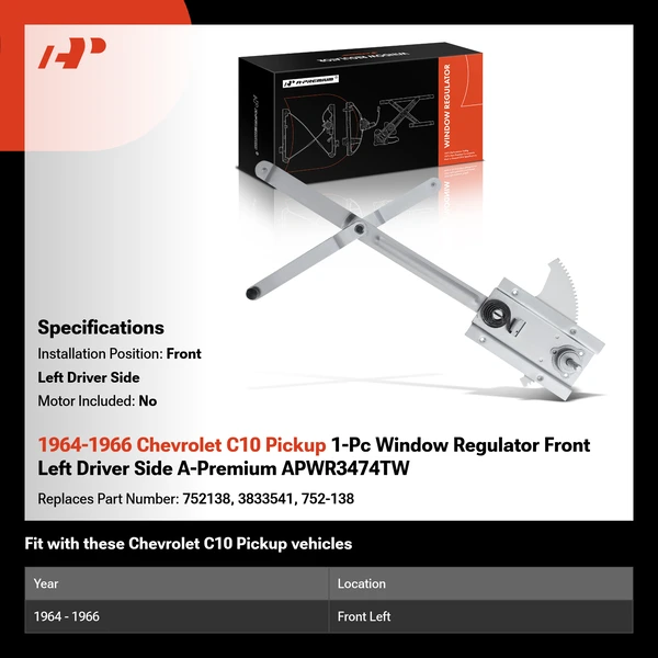 1964-1966 Chevrolet C10 Pickup 1-Pc Window Regulator Front Left Driver Side A-Premium APWR3474TW