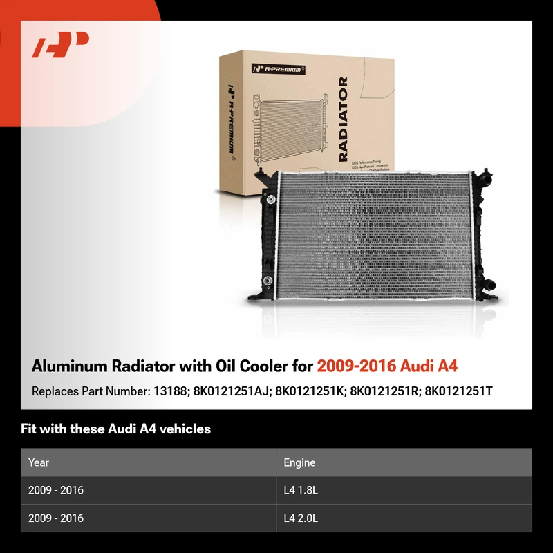Aluminum Radiator with Oil Cooler for 2009-2016 Audi A4