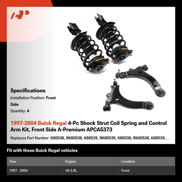 1997-2004 Buick Regal 4-Pc Shock Strut Coil Spring and Control Arm Kit, Front Side A-Premium APCA5373