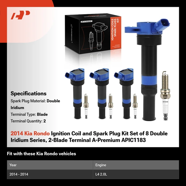 2014 Kia Rondo Ignition Coil and Spark Plug Kit Set of 8 Double Iridium Series, 2-Blade Terminal A-Premium APIC1183