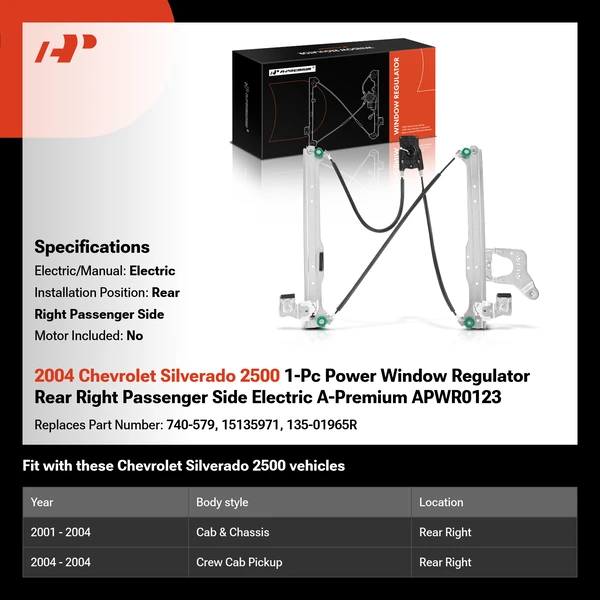 2004 Chevrolet Silverado 2500 1-Pc Power Window Regulator Rear Right Passenger Side Electric A-Premium APWR0123