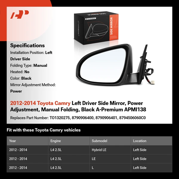 2012-2014 Toyota Camry Left Driver Side Mirror, Power Adjustment, Manual Folding, Black A-Premium APMI138