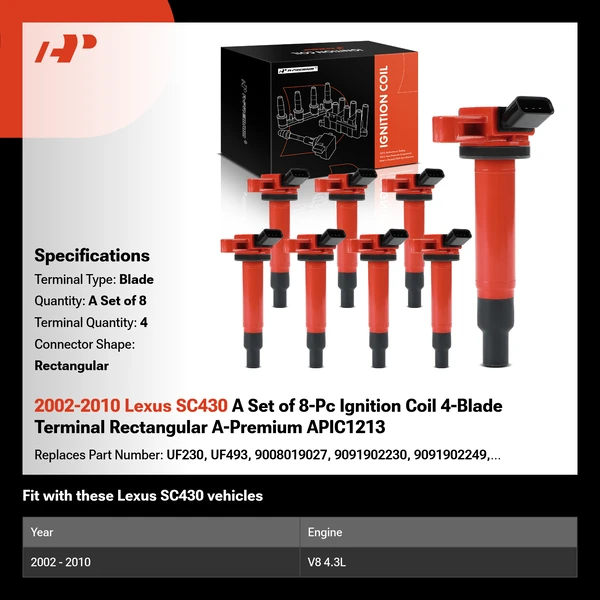 2002-2010 Lexus SC430 A Set of 8-Pc Ignition Coil 4-Blade Terminal Rectangular A-Premium APIC1213